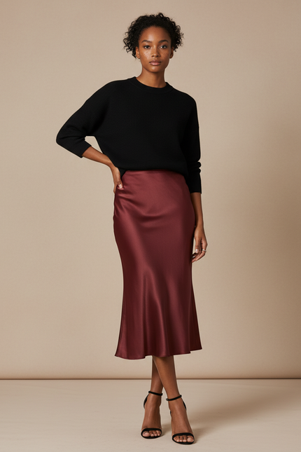 Jupe Midi Bordeaux Satinée Élégante