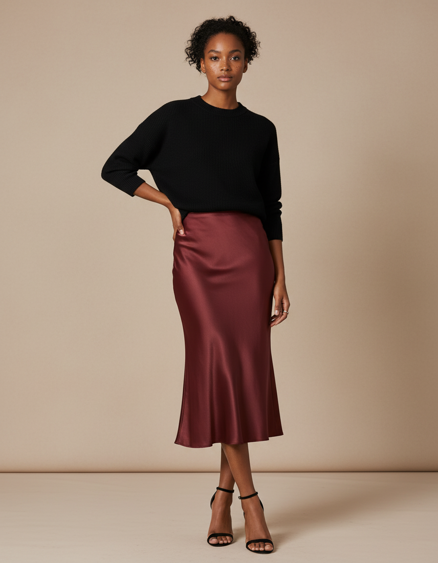Jupe Midi Bordeaux Satinée Élégante