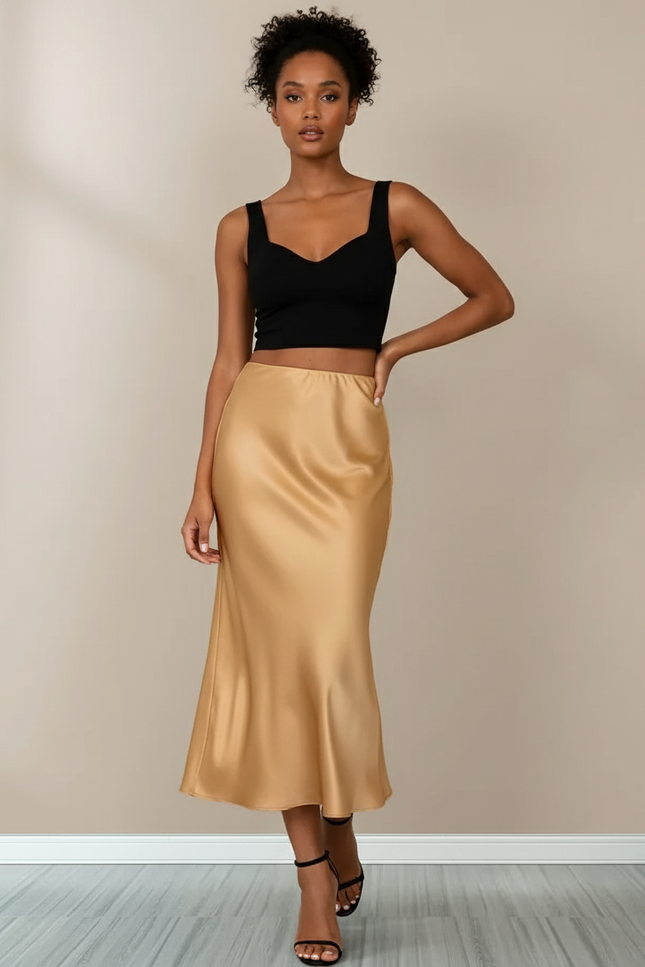 Jupe Midi Champagne Satin Élégante