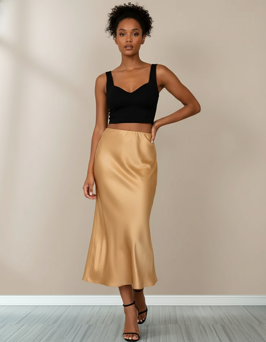 Jupe Midi Champagne Satin Élégante