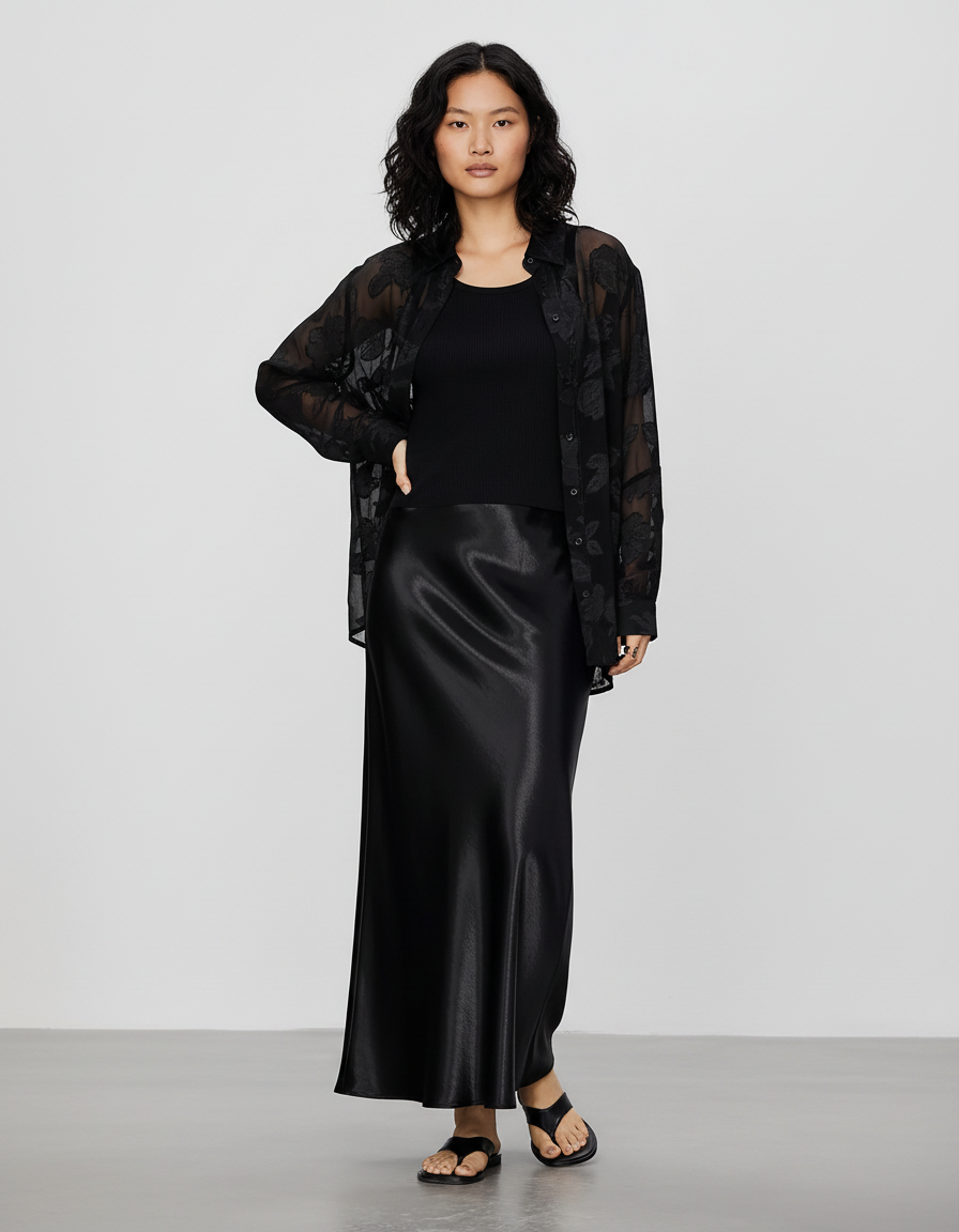 Jupe Midi Satin Noire Chic