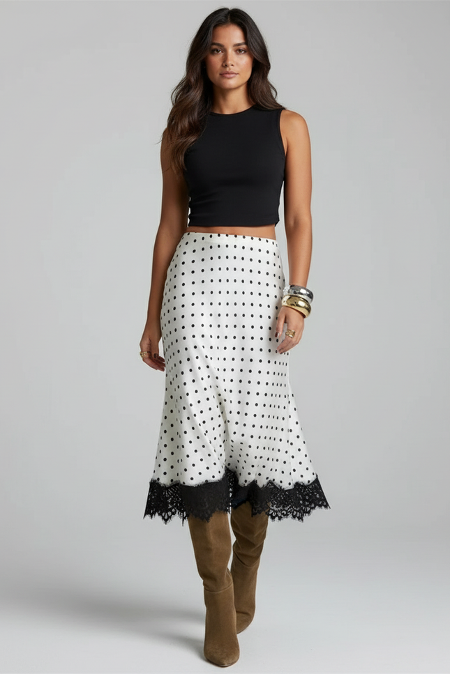 Jupe Midi Pois Dentelle Rétro Élégante
