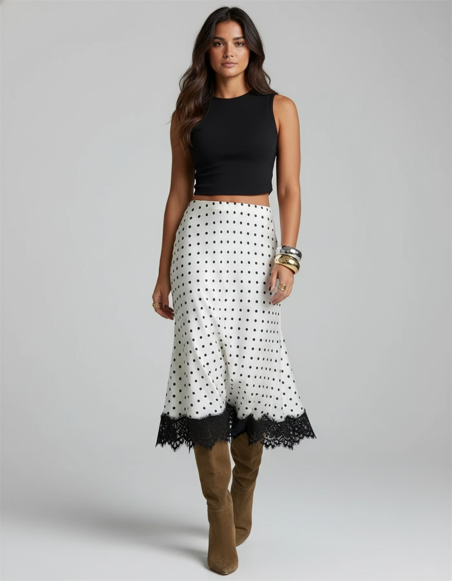 Jupe Midi Pois Dentelle Rétro Élégante