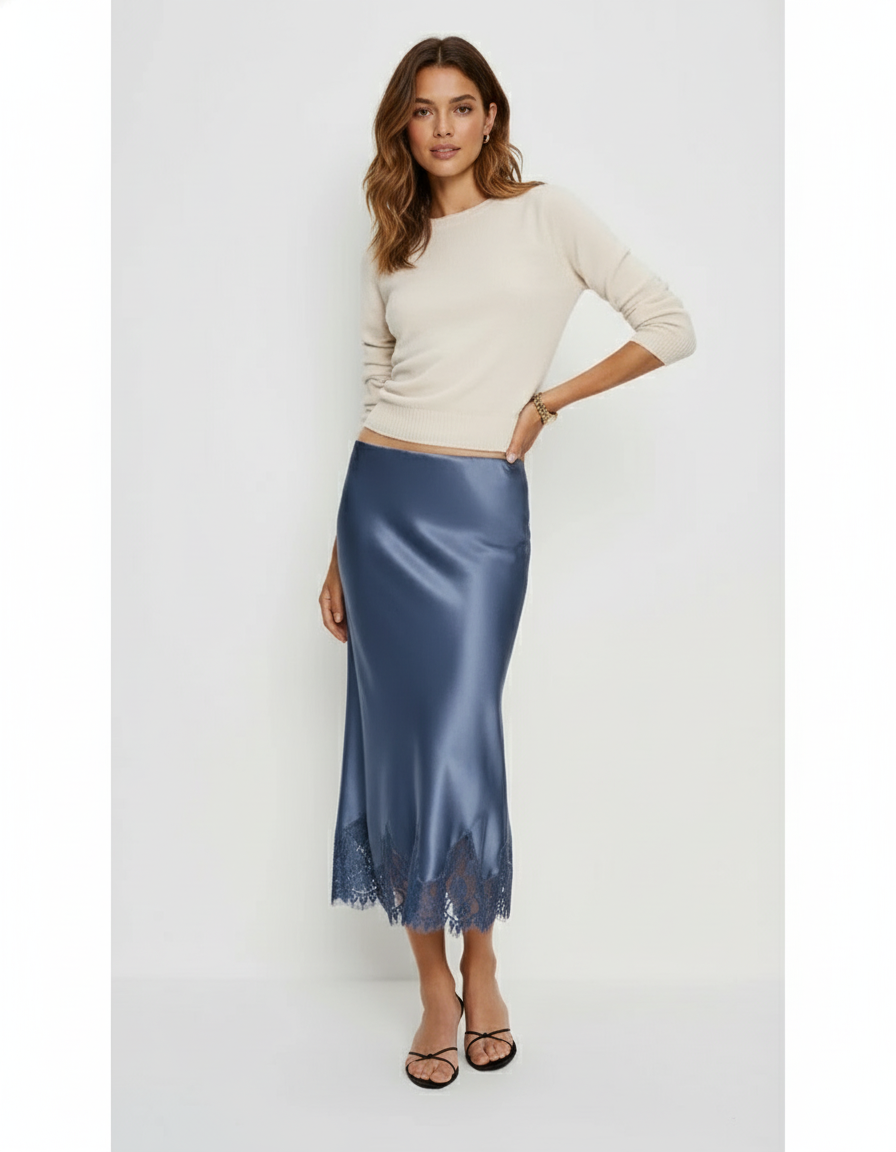 Jupe Midi Satinée Dentelle Élégante raffinée