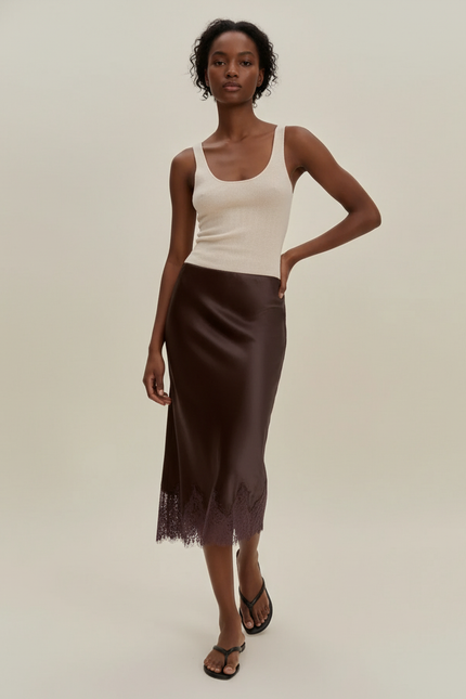 Jupe Midi Satin Dentelle Fluide