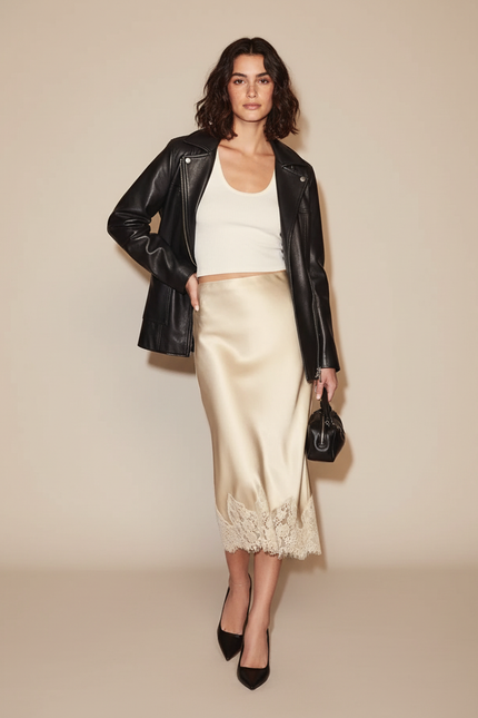 Jupe Midi Satin Fluide Dentelle