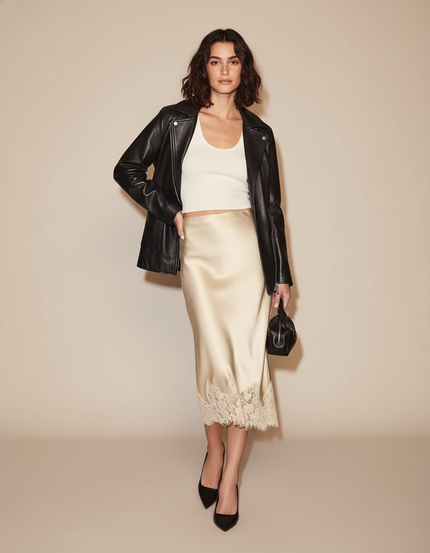 Jupe Midi Satin Fluide Dentelle