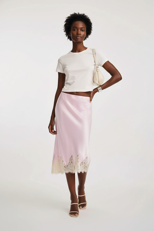 Jupe Midi Satin Dentelle Rose Pâle Chic