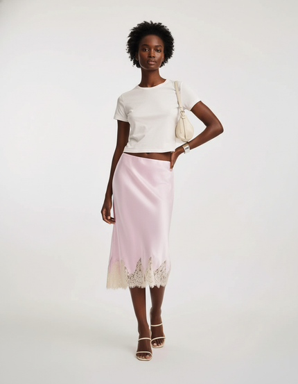 Jupe Midi Satin Dentelle Rose Pâle Chic