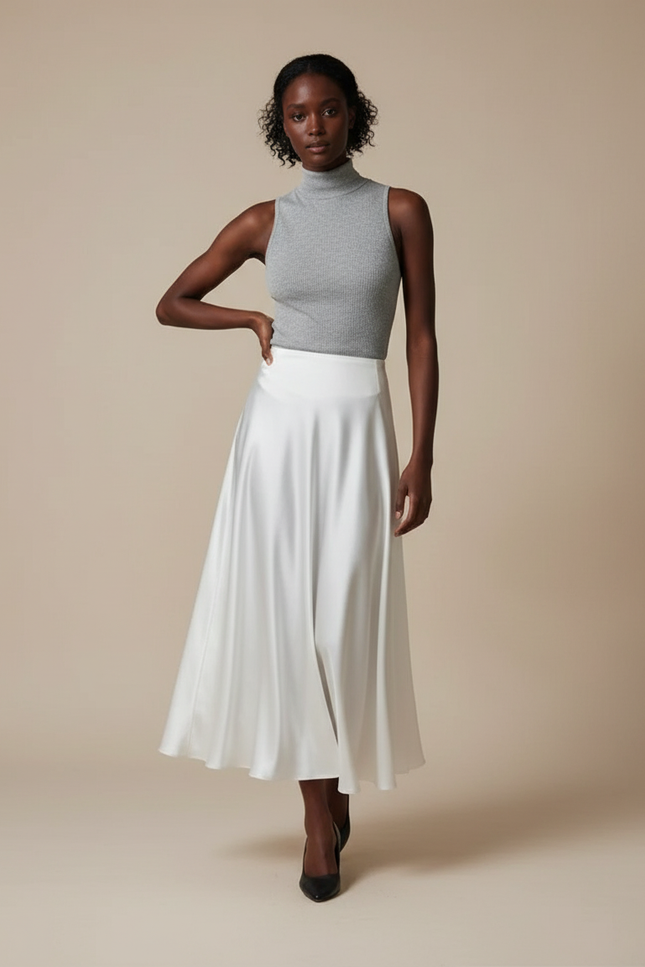 Jupe Midi Blanche Satinée Élégante