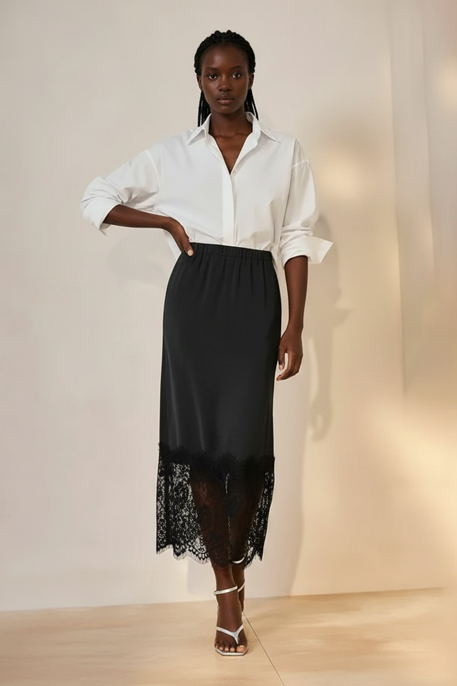 Jupe Midi Noire Dentelle Élégante délicate