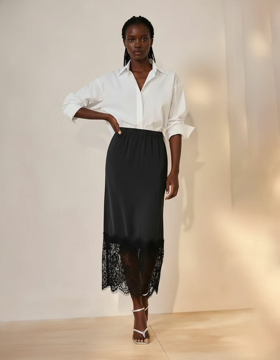 Jupe Midi Noire Dentelle Élégante délicate