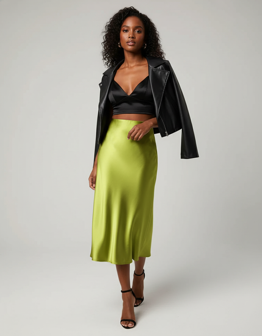 Jupe Midi Vert Satin Fluide Élégante