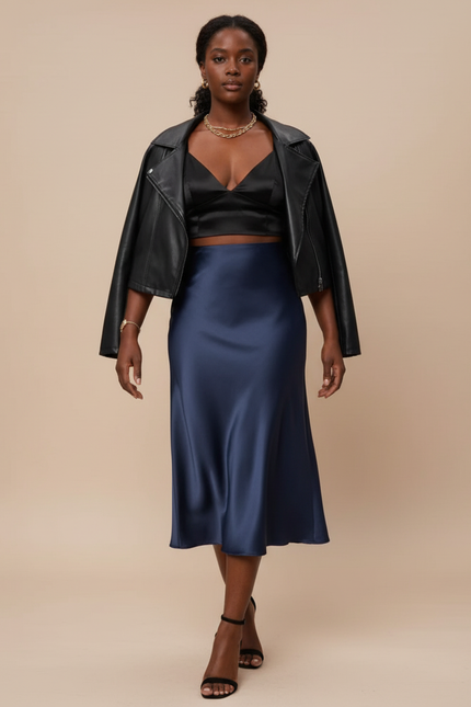 Jupe Midi Bleu Marine Satin Fluide Élégante