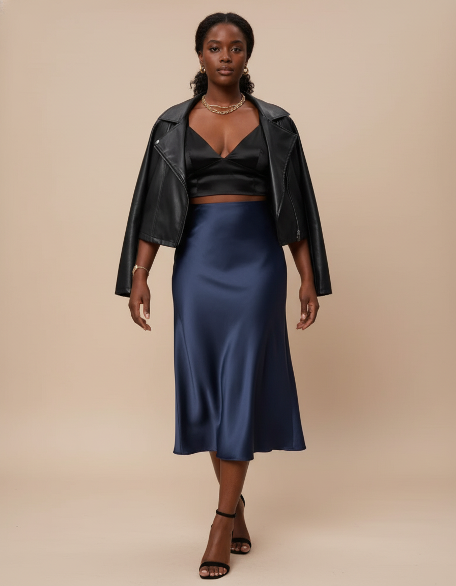 Jupe Midi Bleu Marine Satin Fluide Élégante