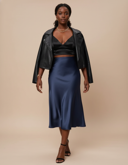 Jupe Midi Bleu Marine Satin Fluide Élégante