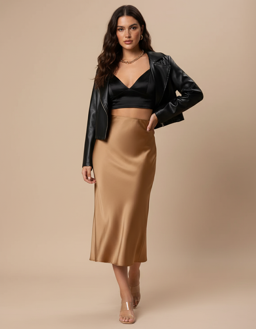 Jupe Midi Satin Camel Élégante