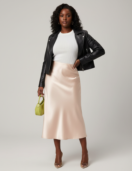 Jupe Midi Satin Champagne Élégante