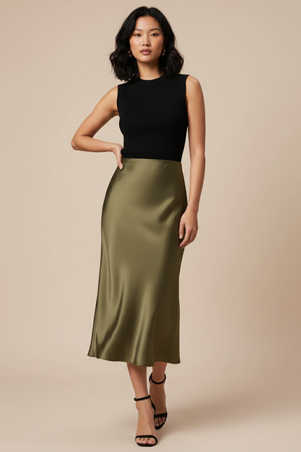 Jupe Midi Kaki Satin Élégante