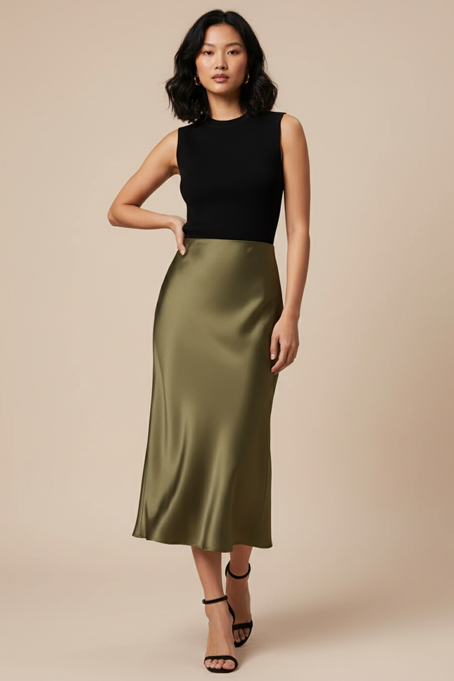 Jupe Midi Kaki Satin Élégante