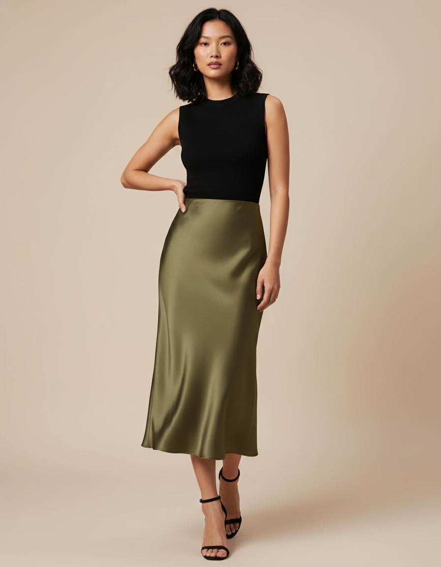 Jupe Midi Kaki Satin Élégante