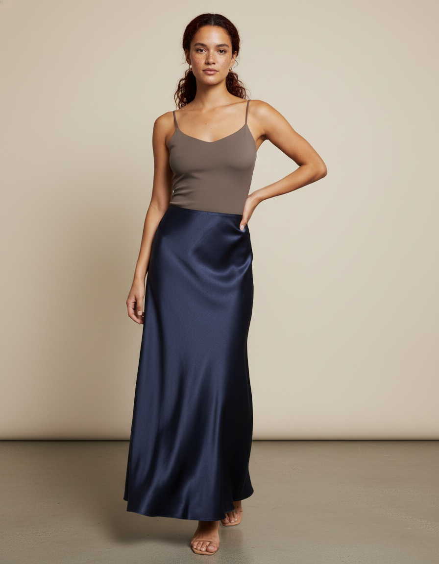 Jupe Midi Satin Marine Élégante