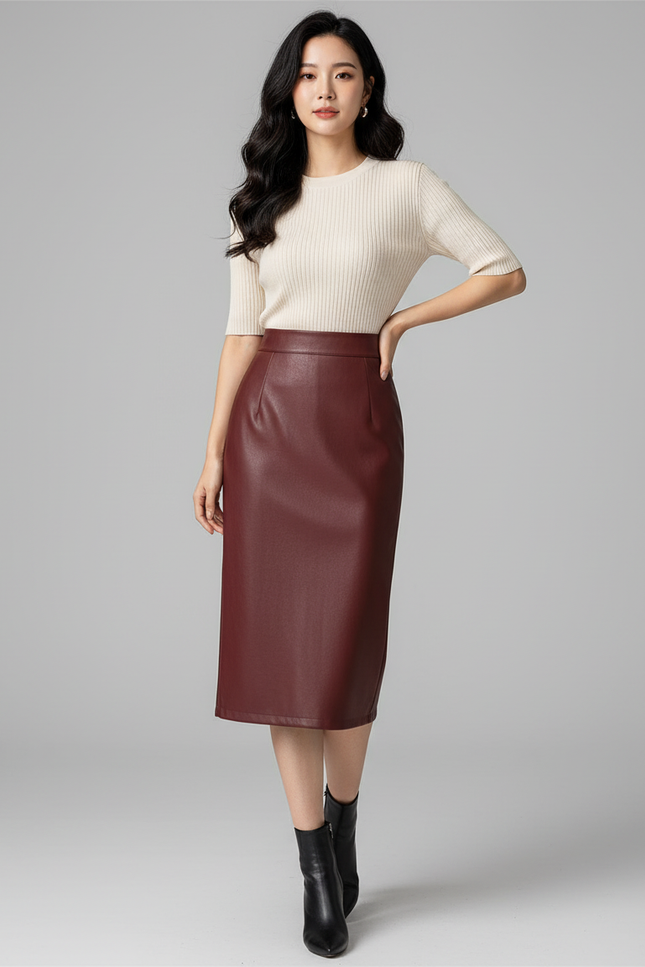Jupe Midi Similicuir Bordeaux Élégante