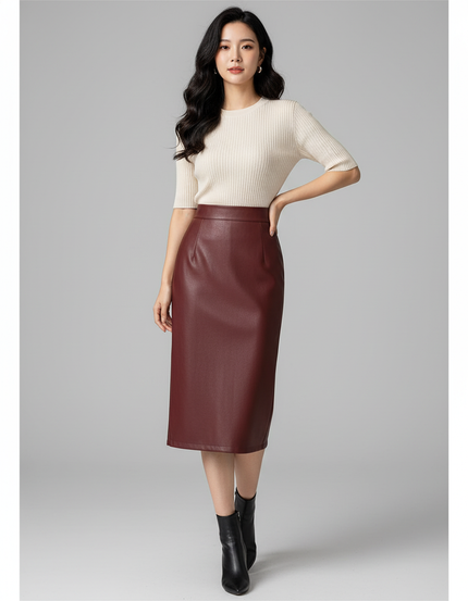 Jupe Midi Similicuir Bordeaux Élégante