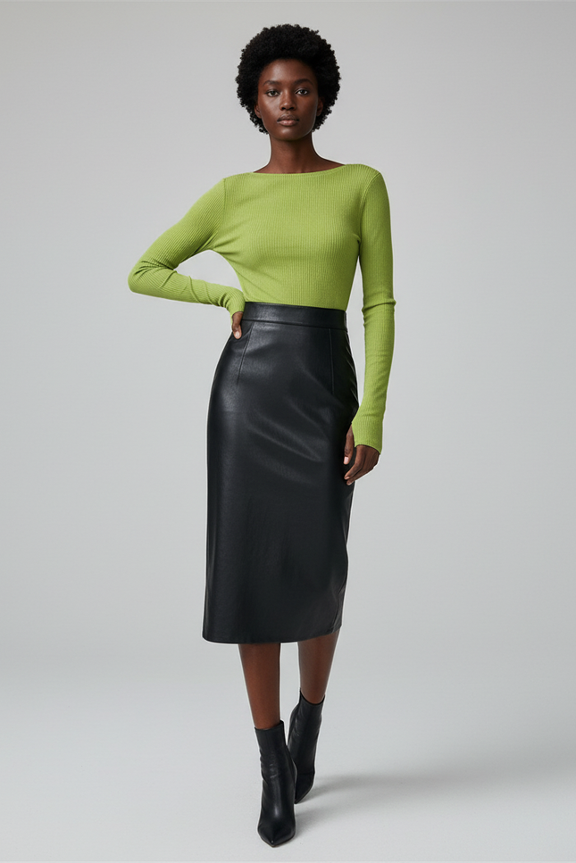 Jupe Midi Noire Similicuir Élégante