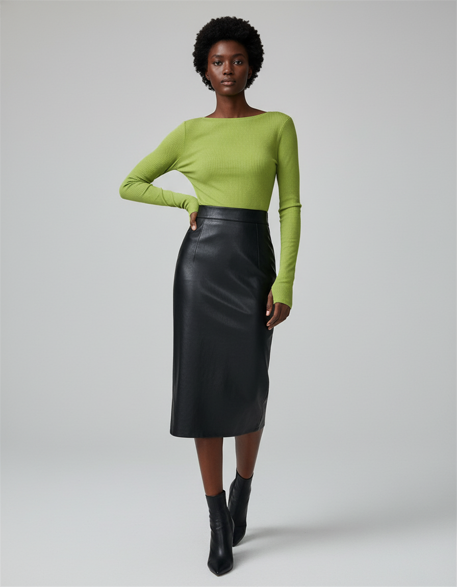 Jupe Midi Noire Similicuir Élégante