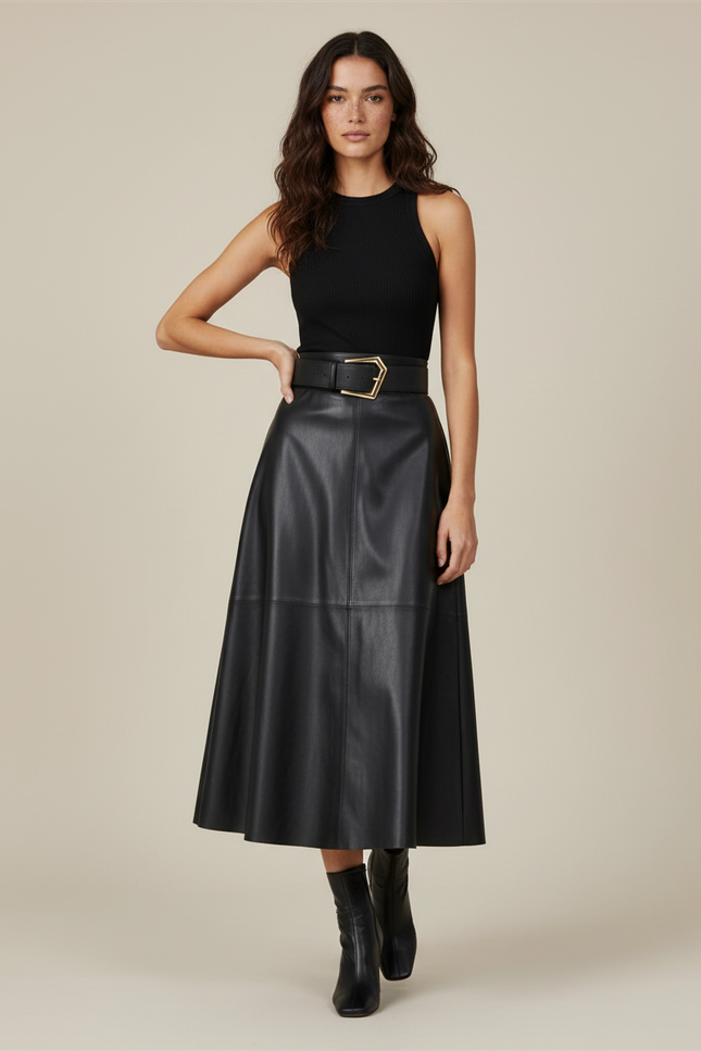 Jupe Midi Cuir Noir