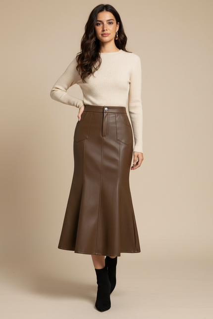 Jupe Midi Simili Cuir Coupe Sirène Chic