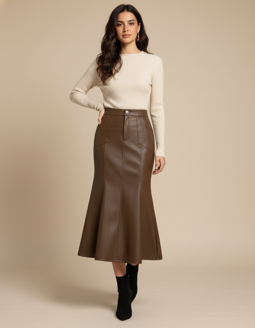 Jupe Midi Simili Cuir Coupe Sirène Chic