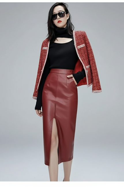 Jupe Midi Rouge Bordeaux Simili Cuir Chic