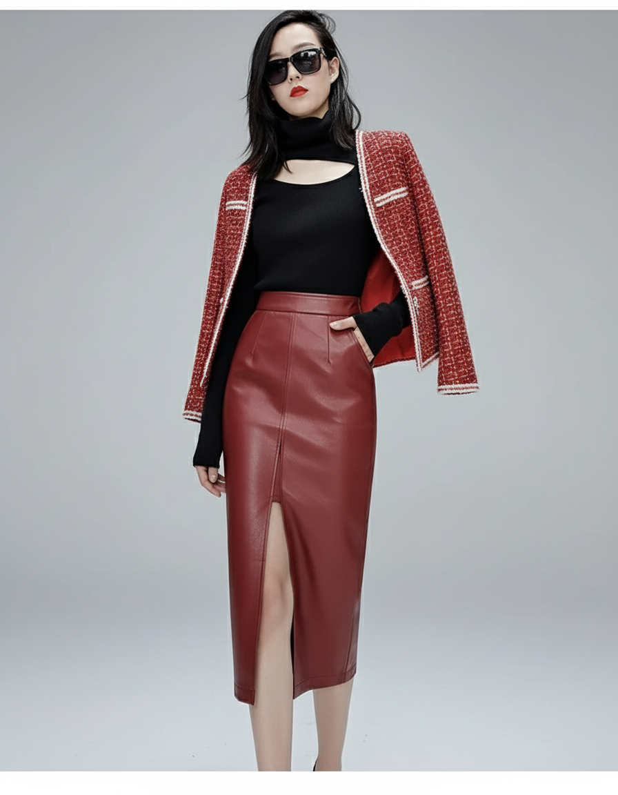 Jupe Midi Rouge Bordeaux Simili Cuir Chic