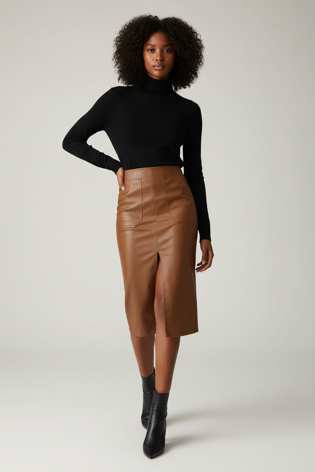 Jupe Midi Similicuir Camel Fendu Chic