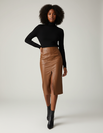 Jupe Midi Similicuir Camel Fendu Chic
