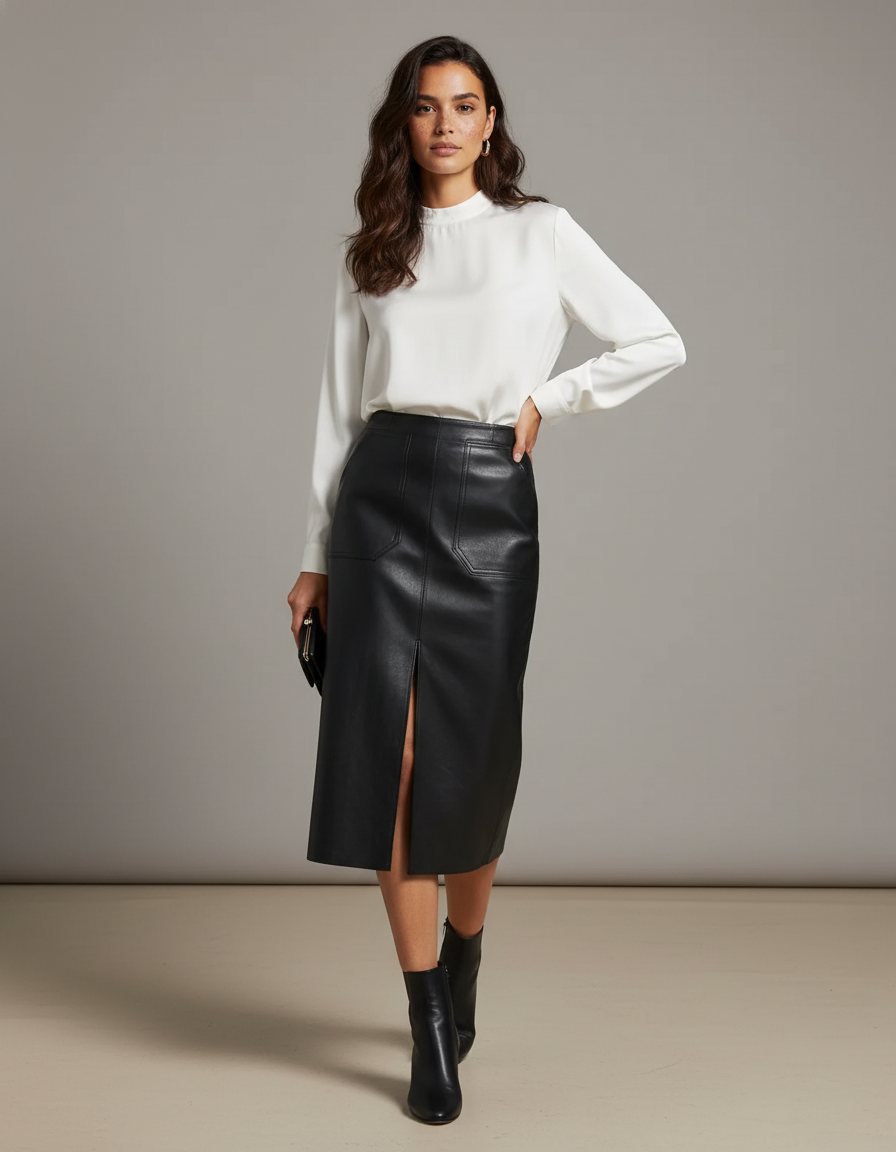Jupe Midi Cuir Noir Fendue Élégante