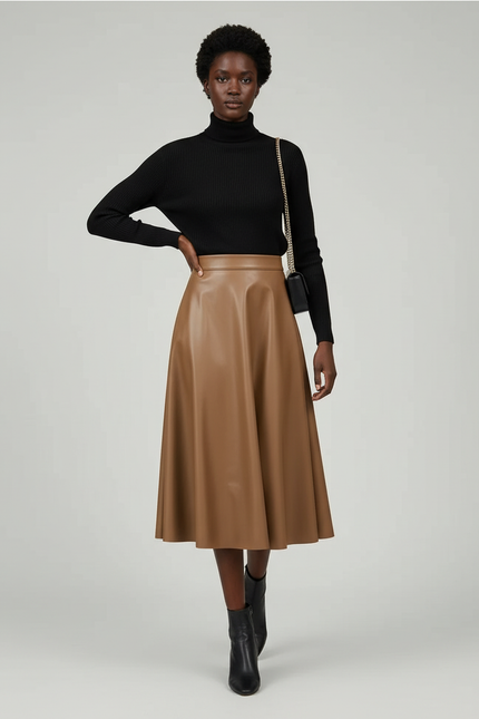 Jupe Midi Cuir Pu Camel Élégante