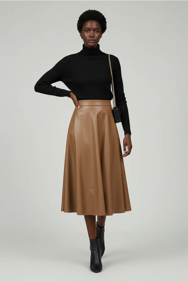 Jupe Midi Cuir Pu Camel Élégante