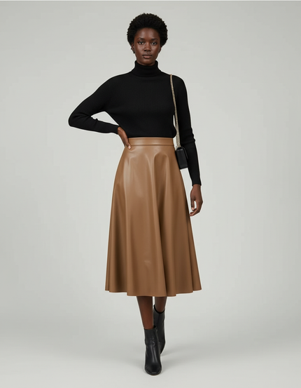 Jupe Midi Cuir Pu Camel Élégante