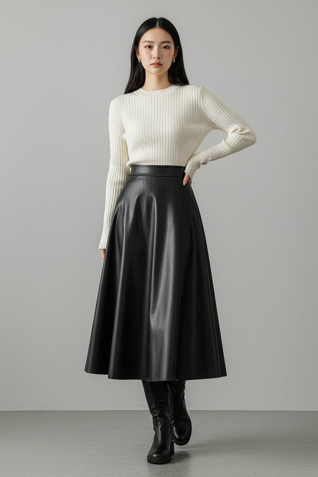 Jupe Midi Noire Similicuir Élégante moderne