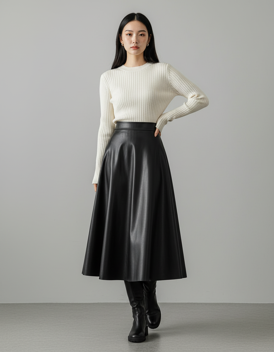 Jupe Midi Noire Similicuir Élégante moderne