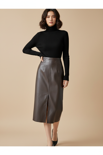 Jupe Midi Similicuir Marron Fente Chic