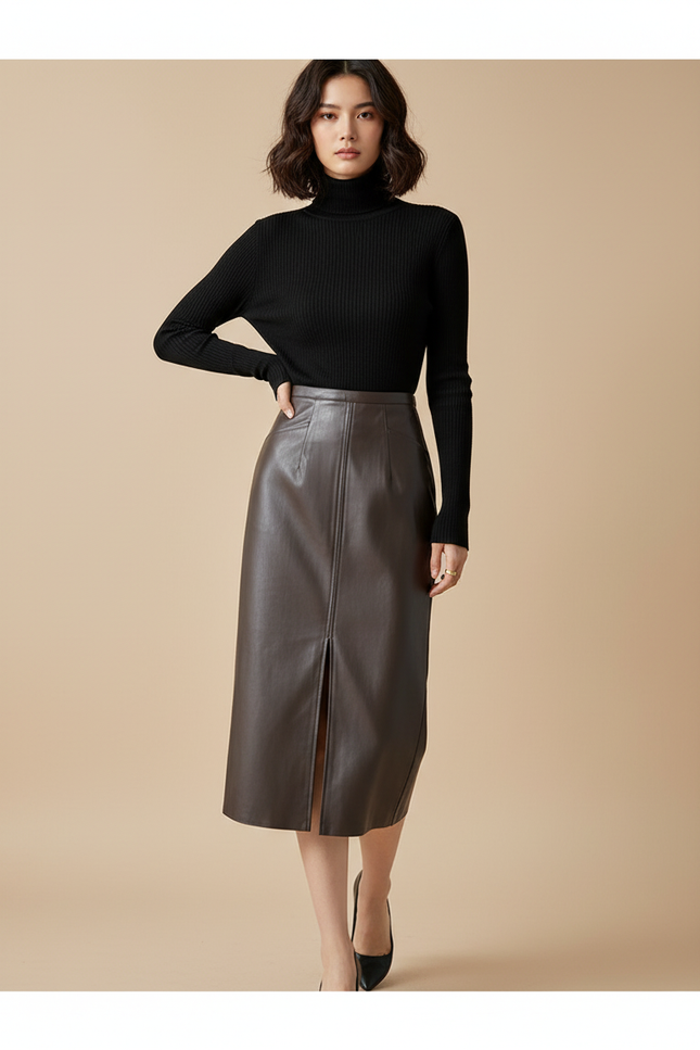 Jupe Midi Similicuir Marron Fente Chic