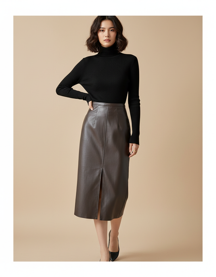 Jupe Midi Similicuir Marron Fente Chic