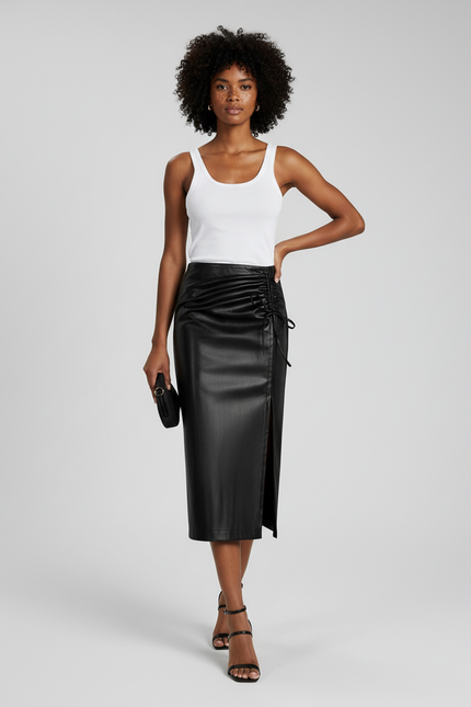Jupe Midi Cuir Pu Froncée Chic