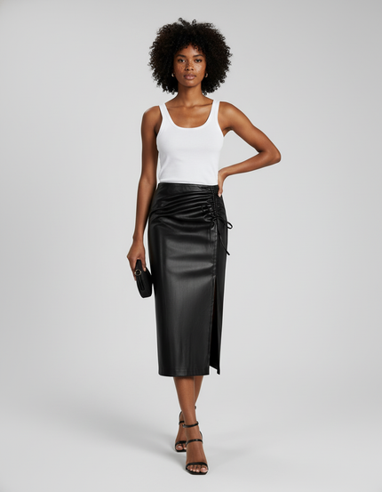 Jupe Midi Cuir Pu Froncée Chic