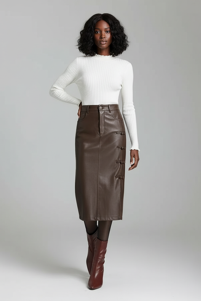 Jupe Midi Similicuir À Boucles Chic