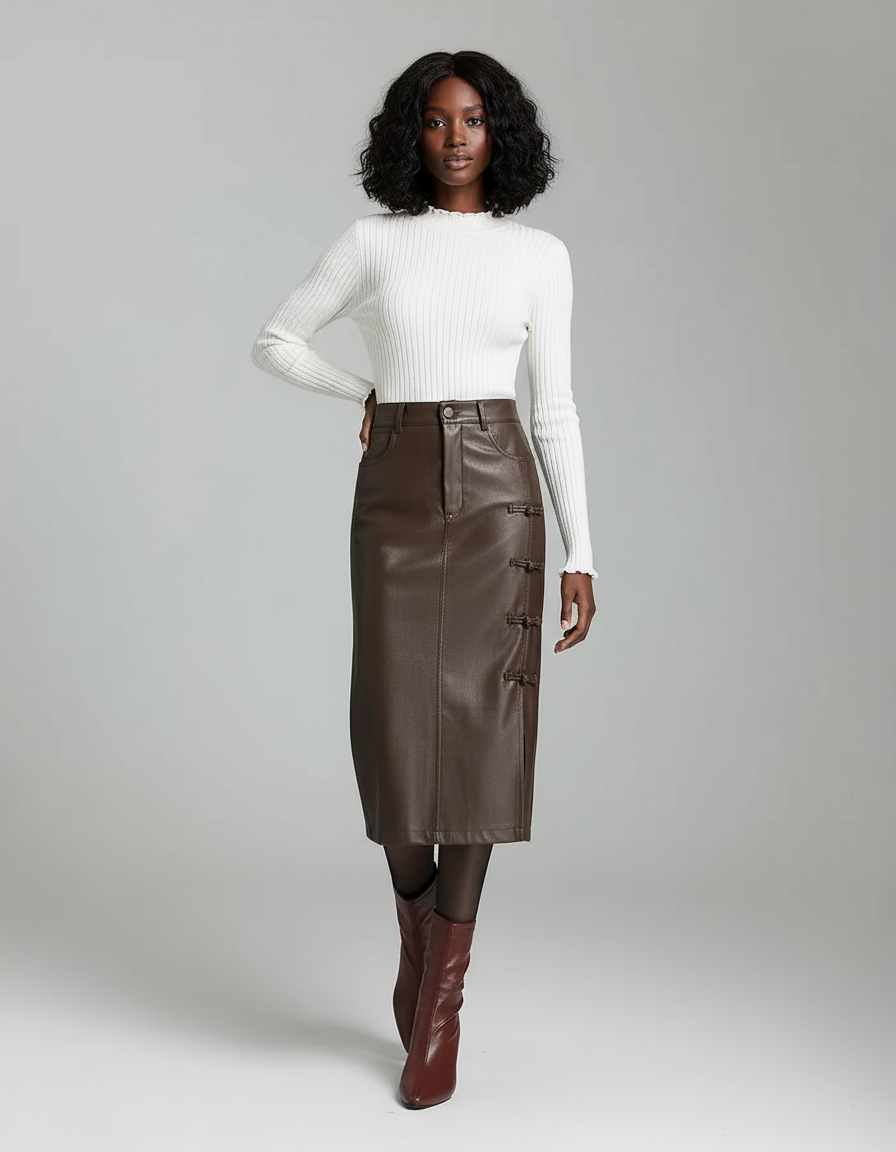 Jupe Midi Similicuir À Boucles Chic